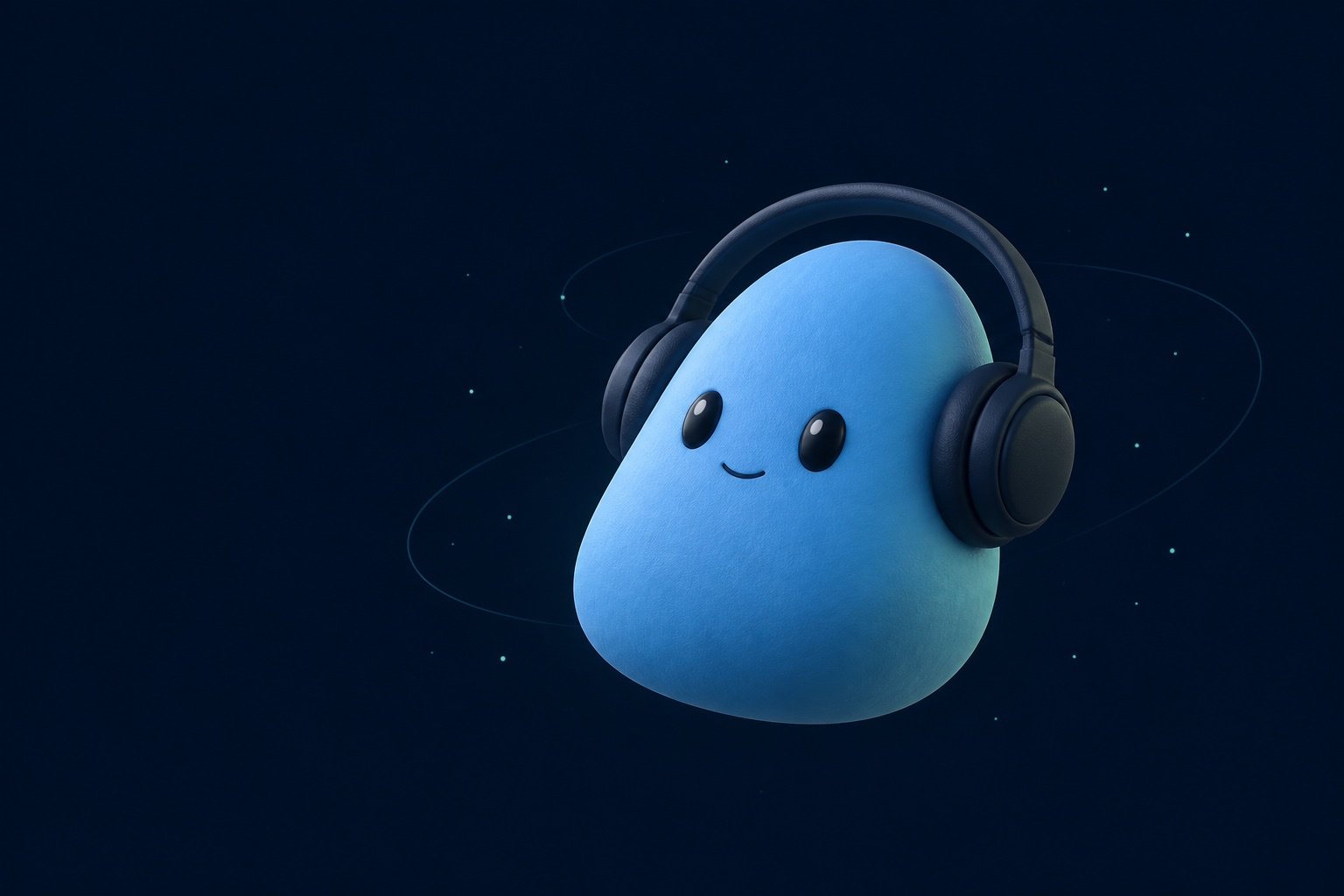 Shht’s little blue mascot, wearing headphones.